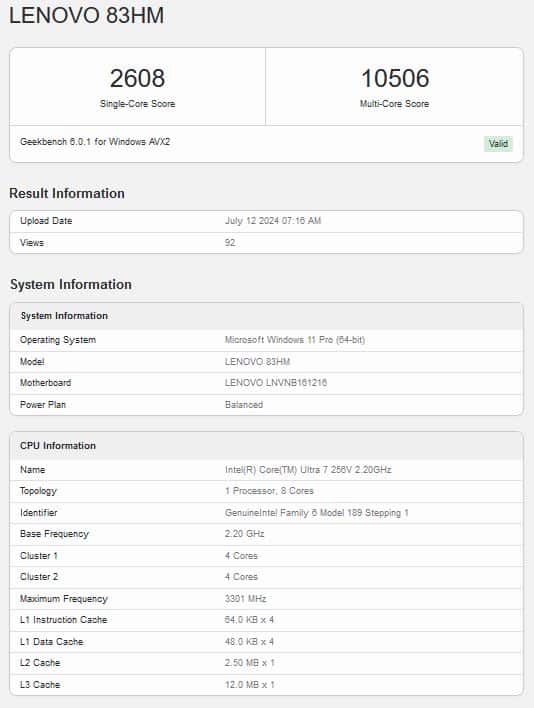 Bench Core Ultra 7 265V