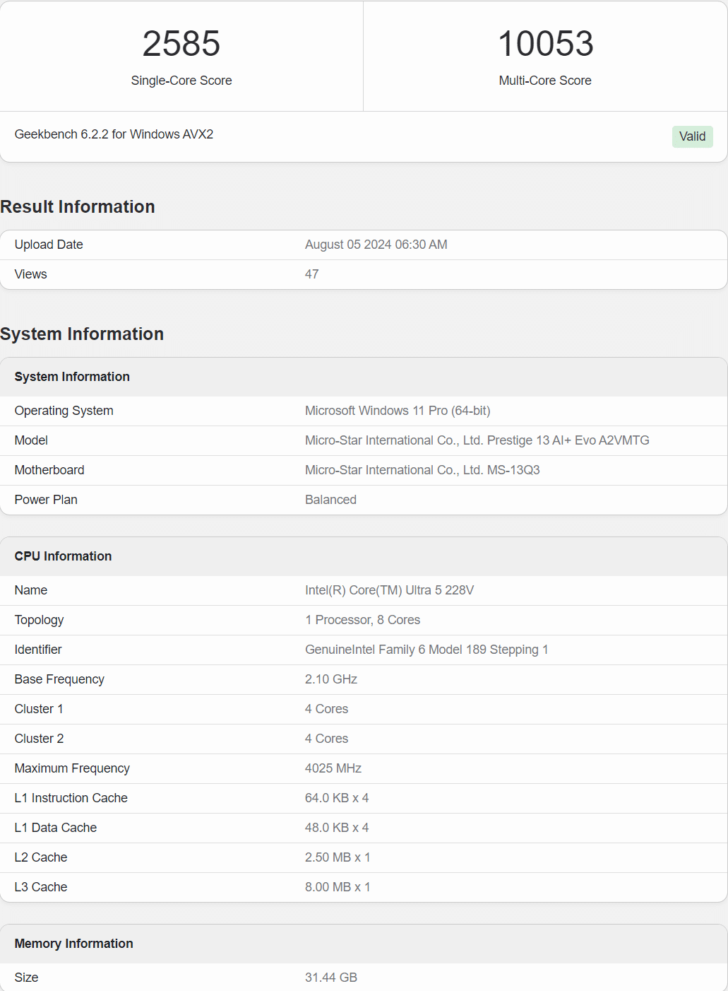 Benchmark Core Ultra 228V