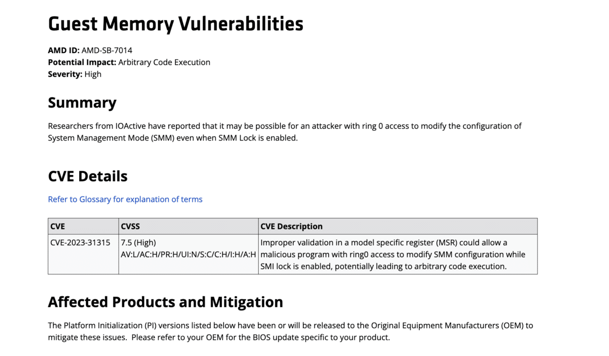 Vulnérabilité Sinkclose CPU AMD