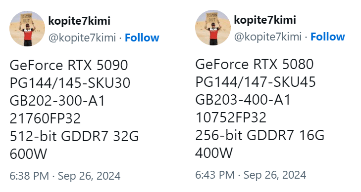 caractéristiques rtx 5080 et rtx 5090