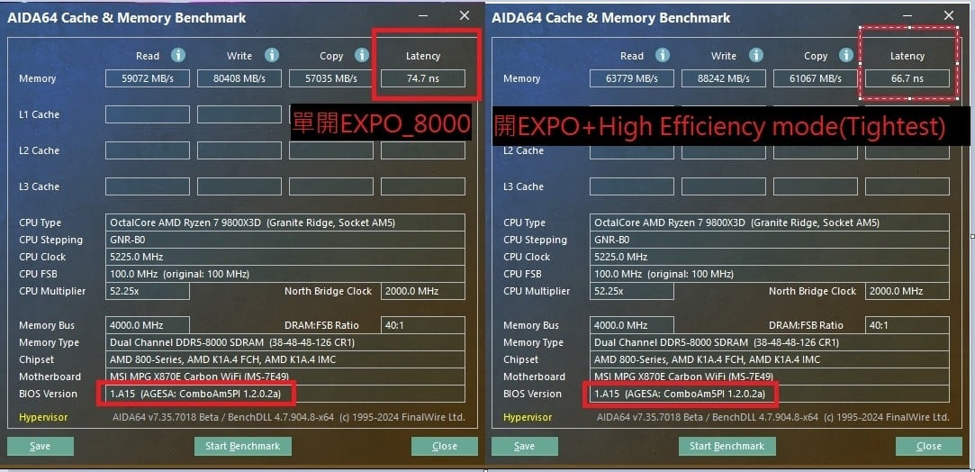 avant / après de la fonctionnalité latency killer de msi