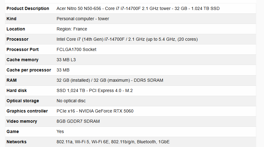 caractéristiques de la rtx 5060